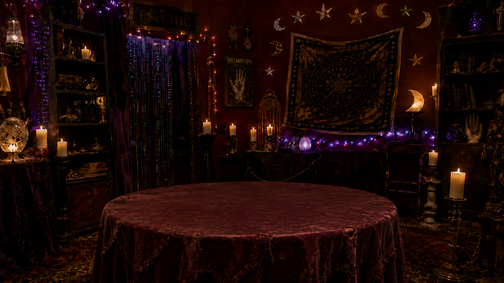 The interior of Madame Shabubu's reading parlor
