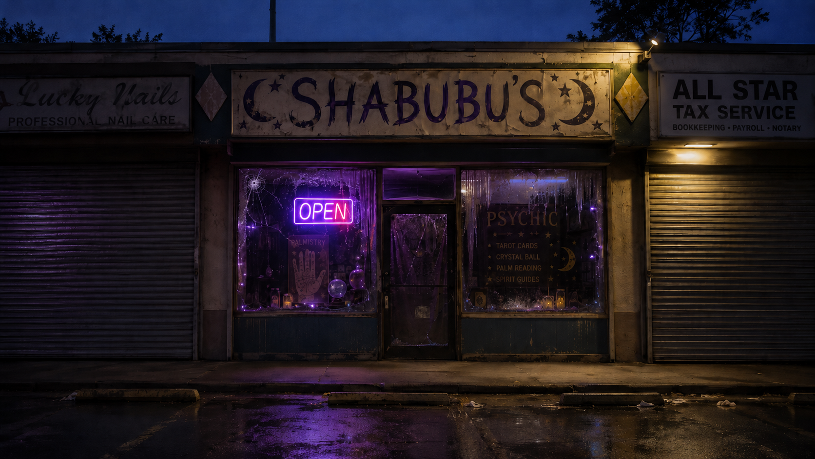The lit storefront of Shabubu Tarot, Suite 4B